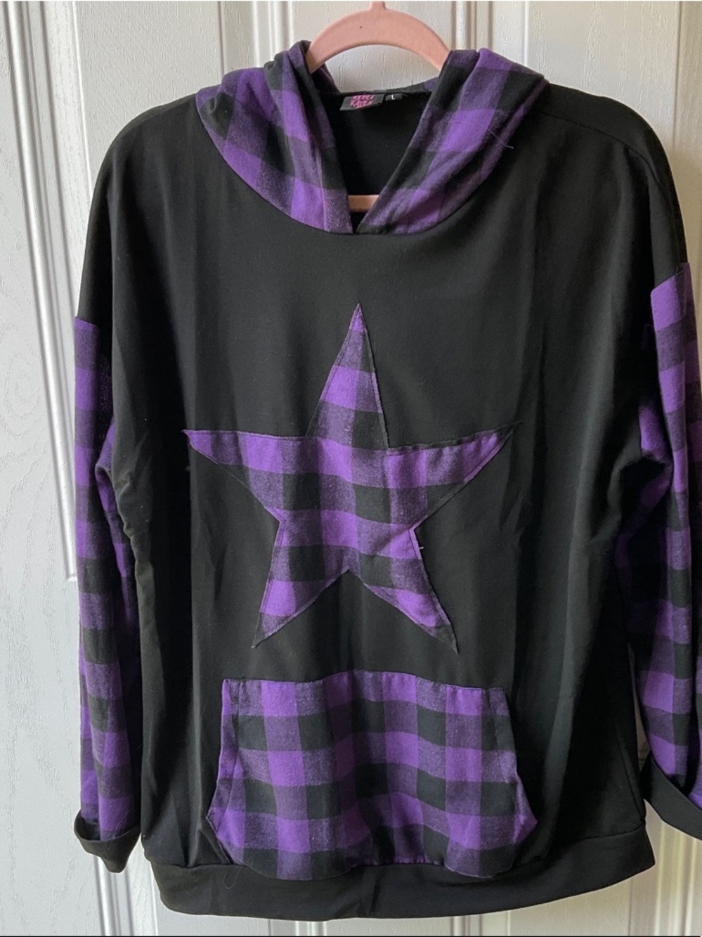 Black Hoodie with Purple Plaid Star Accent - Women’s Top